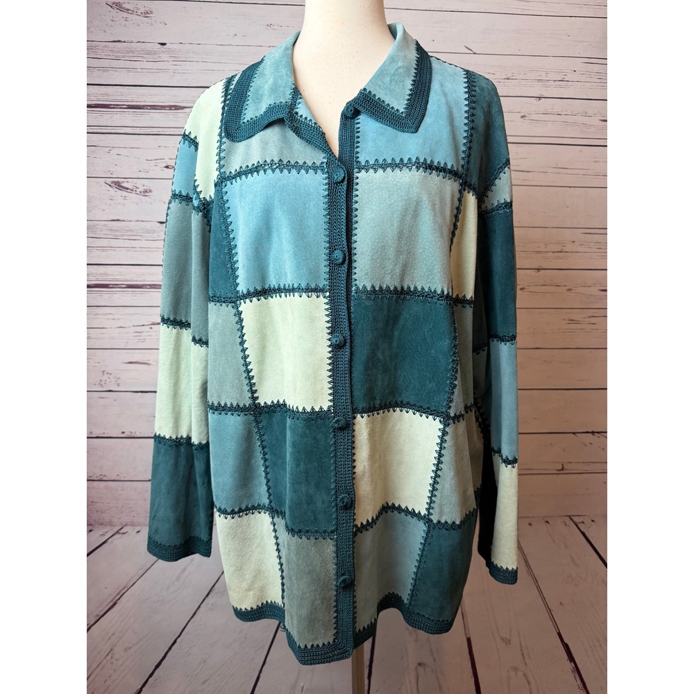 Denim & Co Jacket 1X Patchwork Suede Leather Whipstitch Y2K Crochet Plus Size